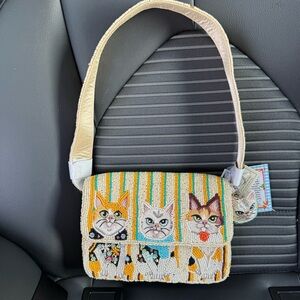 NEW NWT Viral Beaded Purse Bag with Cats and Kitten  Made in India